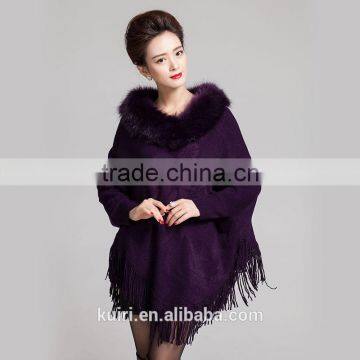 Elegant Knit Lady Shawl Winter Plus Size Thick Cape With Imtation Fox Fur Collar Trim Knit Batwing Autumn Top Quality Pashmina