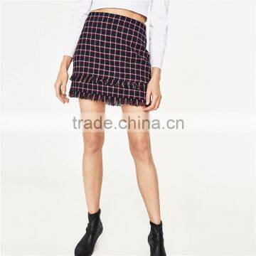 2017 OEM Spring Sexy High-rise Waistline Frayed Tartan Mini Skirt photo-3