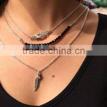 Three Layered Link Chain Simple Necklace Black Beaded Leaf Flower Pendant Necklace