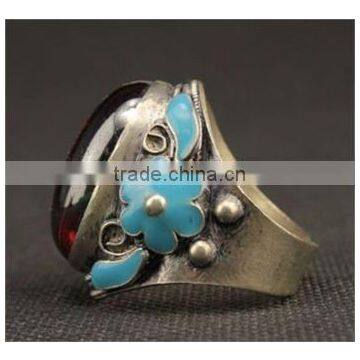 Miao Silver Ring Carved Mosaic Artificial Red Zircon Ring photo-2