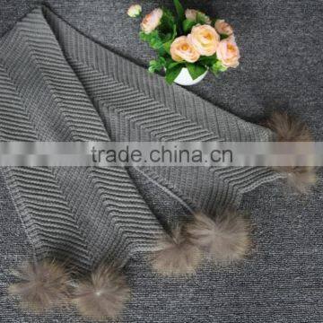 Hot Sale Unique Knitted Long Winter Scarf With Six Real Raccoon Fur Pompoms