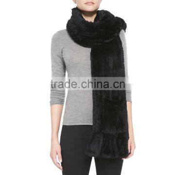 SJ650-01 Belle Fare Dyed Rabbit Fur Spain Scarf Knitted Rabbit Fur Black Wrap with Pocket