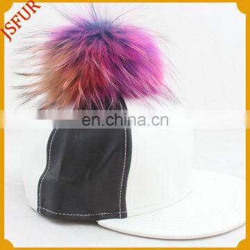 Big size colourful raccoon fur pompom black and white leather fur hat