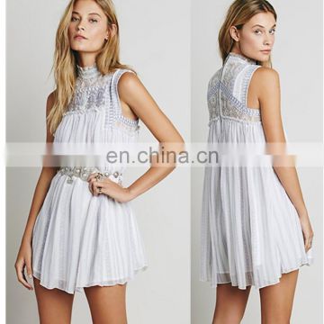 Ladies fashion sleeveless lace panel white dream dress, cotton dress for summer