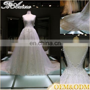 applique open low back V neck cathedral train wedding dresses sleeveless