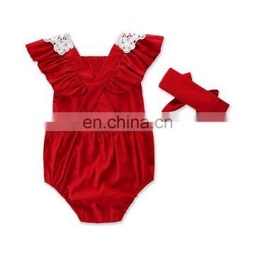 Baby Girl Red Romper Kids Lace Flower Summer Bodysuit photo-2