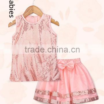 Children's boutique outfits 2016 party wear peach sleeveless top & skirt design