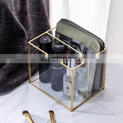 Vintage Two Compartment Metal Glass Storage Box Gold Tray Jewelry Cosmetics Display Boxes