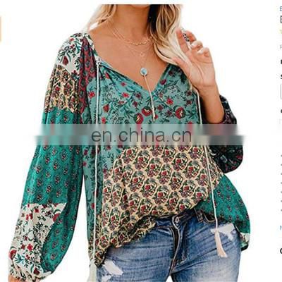 Wholesale top fashion high color clothing elegant lace polka dots fashion Lantern Sleeve round collar shirt