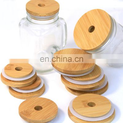 Custom Logo Natural Eco Friendly 70mm/65mm Size Reusable Bamboo Lids With Straw Hole