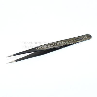 Black Anti-static Tweezers Pointed Elbow Straight Stainless Steel Tweezers Sewing Clip Thread Repair Tool Clamp With Texture ESD-12 Tweezers photo-4