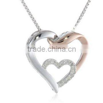 2015 Fashion Silver and 14k Rose Gold Interlocking Heart with Diamond Accent Pendant Necklace