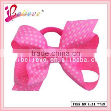 Fast delivery handmade grosgrain dot ribbon bow elastic hairband for young girls (XH11-7753)