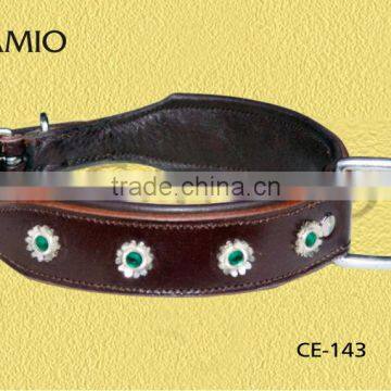 CE 143 Leather dog collar padded with stud ormanents