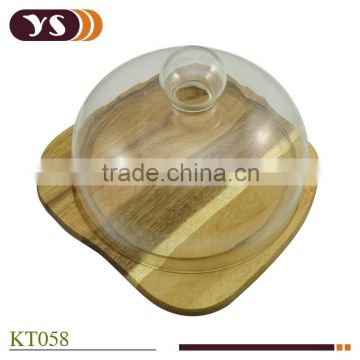 Large transparent glass dome with acacia wood base cake for cake or cheese