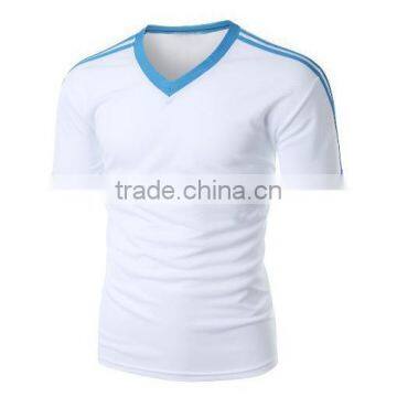 High Quality 100% cotton v neck fit white and blue men t shirt