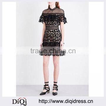 Customized Lady Apparel High Neck Sleeveless Guipure-lace Mini Dress(DQM001D)