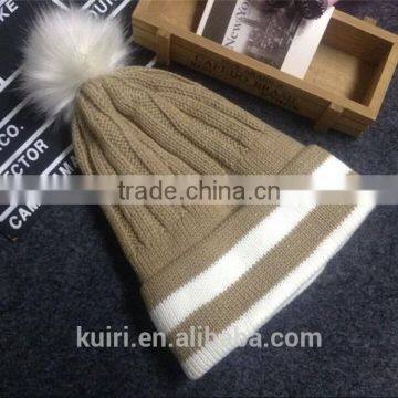 Brand Design 2016 Newly Design Women Winter Warm Crochet Knitted Hat Striped Cap Beanie With Faux Fur Ball photo-3