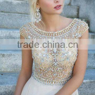 2016 Elegant Prom Dresses Scoop A Line Floor Length Beaded Tulle Bodice With Chiffon Skirt photo-2