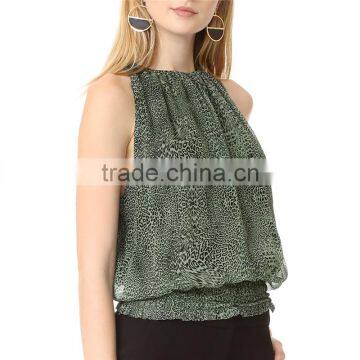 2017 OEM Women Breezy Elastic Round Neckline Leopard Blouse photo-3