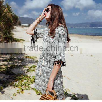 Summer Dress for Women New National Style Printing Dresses With Ropes Short Sleeve V-neck Elegant Beach Dresses photo-4