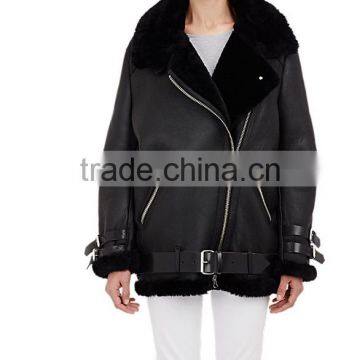 Draped-Collar Shearling Biker Jacket for lady