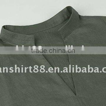 Man's Latest V-neck Linen Army Green Casual Shirt photo-2