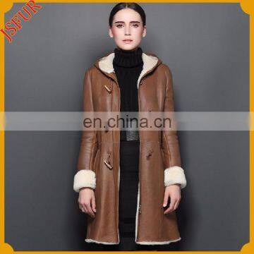 Luxury horn button leather overcoat 100% real sheepskin leather fur coat for women