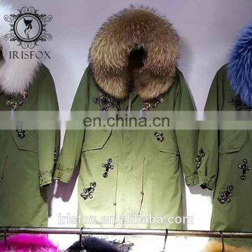 Irisfox 2016 wholesale&OEM luxury raccoon fur hooded women winter coat