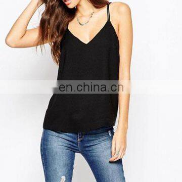 Elegant black color top woman ruffled tank top in v neck design