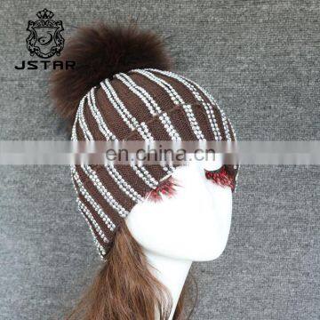Hot Sale Winter Hat With Ball Cashmere Raccoon Fur Pompom Knit Beanie Beanies
