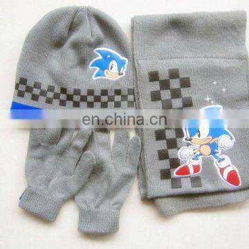 Boy's grey cartoon applique knitted winter scarf beanie gloves set custom made cheap three-piece suit