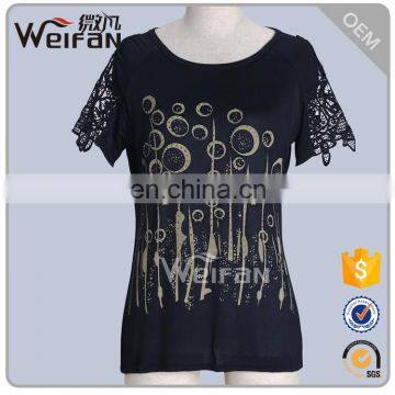 OEM High Quality Black Short Lace Sleeve Cheap Custom Womens T Shirt Printing