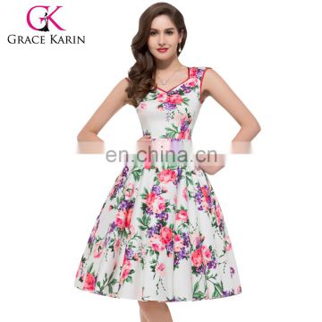 Grace Karin Vintage Flower Pattern Sleeveless V-Neck Cotton 1950s Vintage Dress CL007600-1