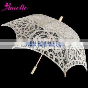 A0165-38cm White Color Cotton Wooden Hand Straight lace parasol Craft Umbrella