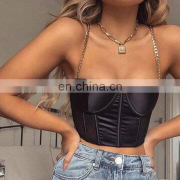 Women Sexy Clubwear Hollow Out Red Black White Metal Chain Adjustable Lace Up Sleeveless Crop Top Tank Tops Tees Camisole photo-2