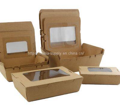 Disposable take away food salad box recycled kraft paper packing folding box with window 2100ml