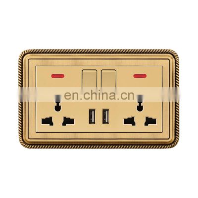 Universal Double 3 pin Wall Socket With Switch Copper Wire Drawing Panel With USB Sockets And Switches Electrical With LED Light