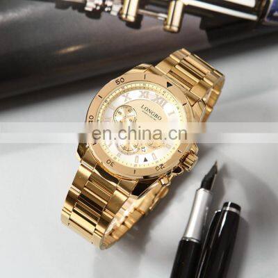 LONGBO 80632 men quartz waterproof stainless steel case charm gold watches men steel wrist