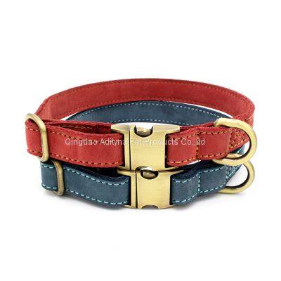 classical designed red leather dog collars with bronze quick release buckle