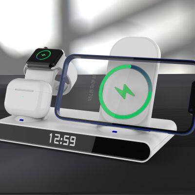 15w wireless phone chargers Oem Fast Phone 3 in 1 Wireless Charging Stand With Digital alarm clock wireless charger