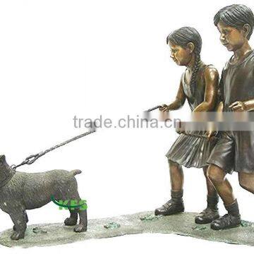 Bronze kids walking dog statues