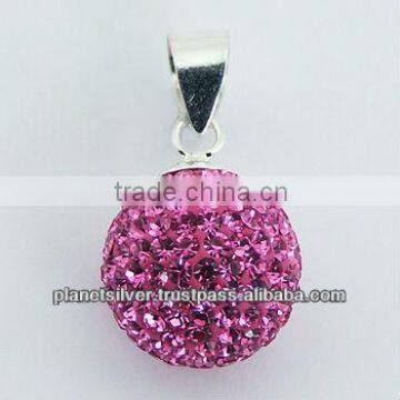 Sterling Silver Czech Crystals Pendant 14mm Pink Sparkle