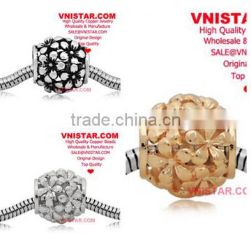 Vnistar silver&gold&antique silvr plated European copper alloy beads, copper flower blossoms shape beads for bracelet CEB003