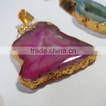 Natural ELECTROPLATED GOLD Agate Slice Pendant