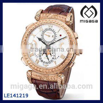 Fashion Men's brown crocodile leather date watch mechanical/rose gold plating hand winding mechanical watch sapphire glass