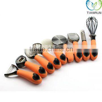 Nice Useful Full Set Kitchen Tools Stainless Steel Flat Grater whisk Cutter Peeler Opener Orange Handle