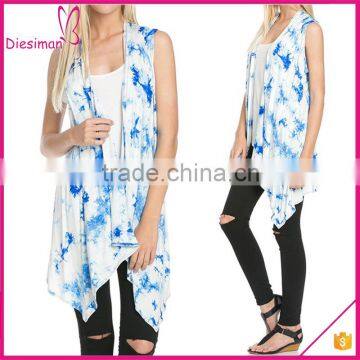 Patterned Asymmetric Hem White Blue Tie Dye Ladies Knitted Sleeveless Open Front Cardigan