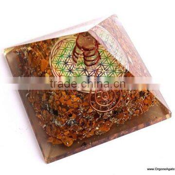 Big Orgone Yellow Aventurine Pyramid With Flower Of Life Symbol And Crystal Point | Chakra Pyramid Meditation