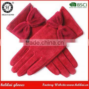 Wholesale Smartphone Red Bow Trimmed Ladies Suede Leather Gloves China Gloves Supplier